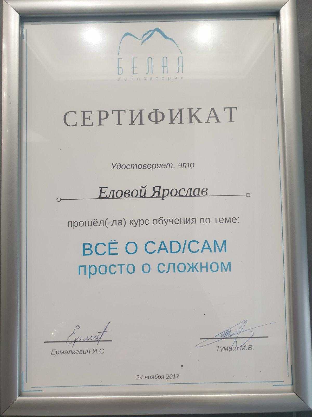 Сертификат выданный Еловому Ярославу о прохождении обучения по теме - Всё о CADCAM просто о сложном