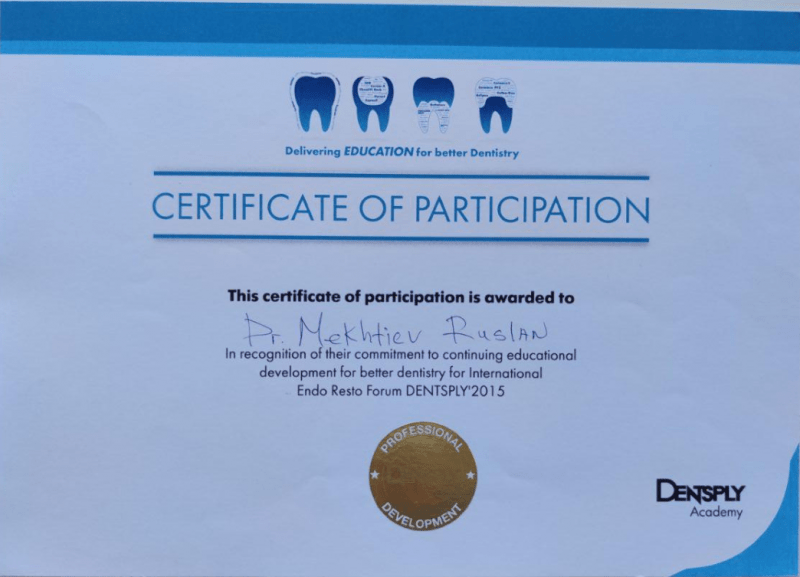 Сертификат Dentsply выдан Мехтиеву Руслану за участие в международном форуме восстановительной эндодонтии